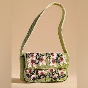 Anthropologie Fiona Green Floral Beaded Shoulder Bag